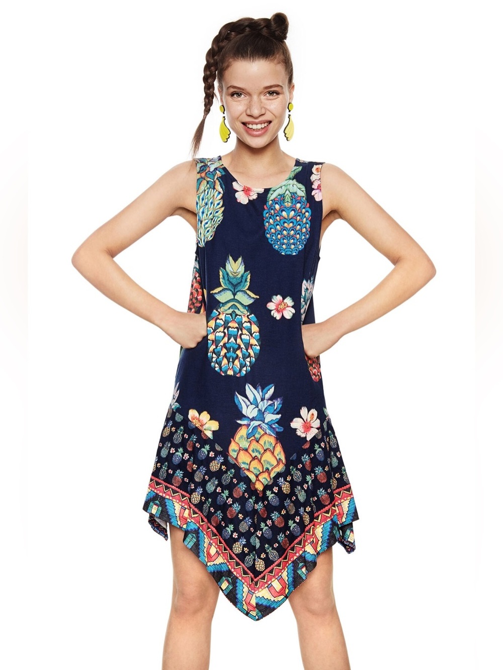 Desigual Sleeveless Pineapple Print Asymmetrical Swing Dress L Tropical Artsy